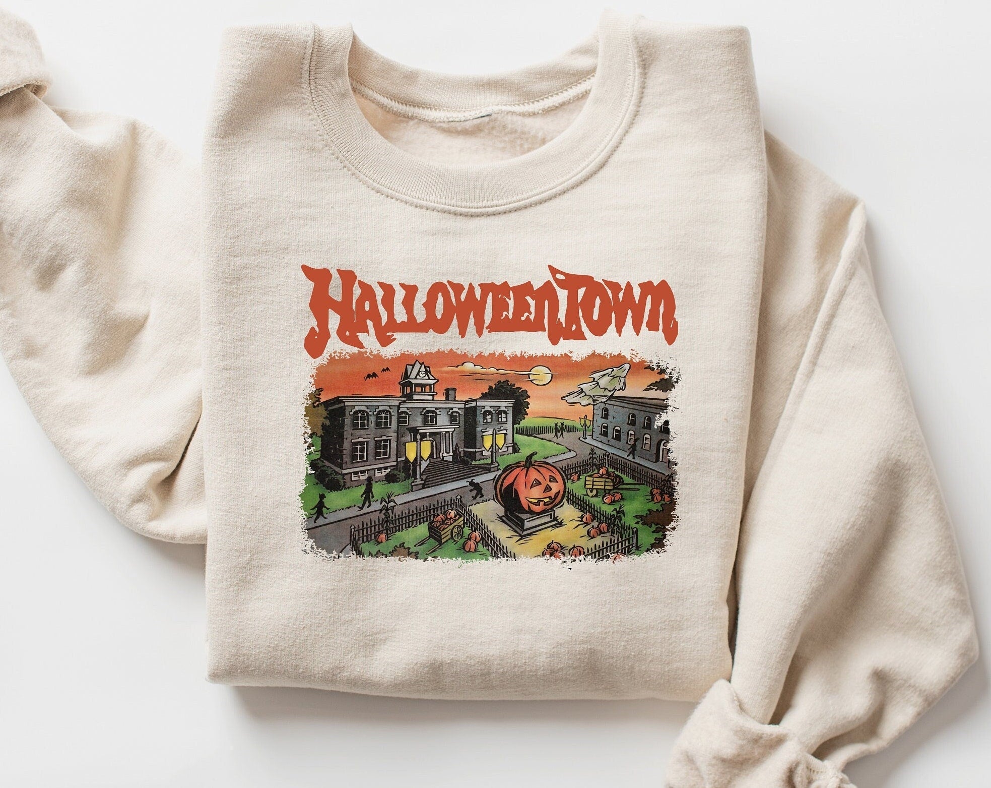 Halloween "HALLOWEEN TOWN "and Letter Print And Patterned Casual Long Sleeve Beige Color  Crewneck Vintage Fall  Sweatshirts
