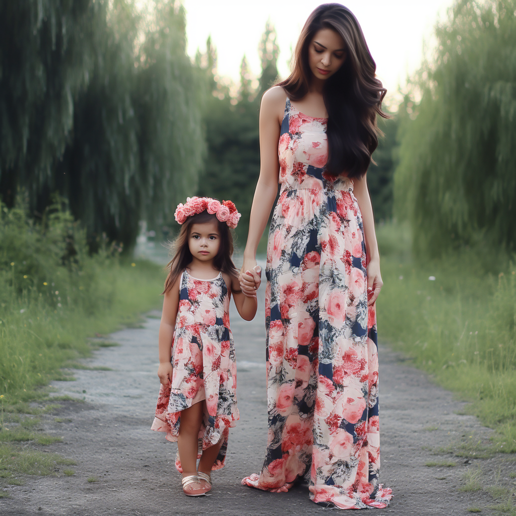 Sleeveless Floral Print Mommy and Me Maxi Dress